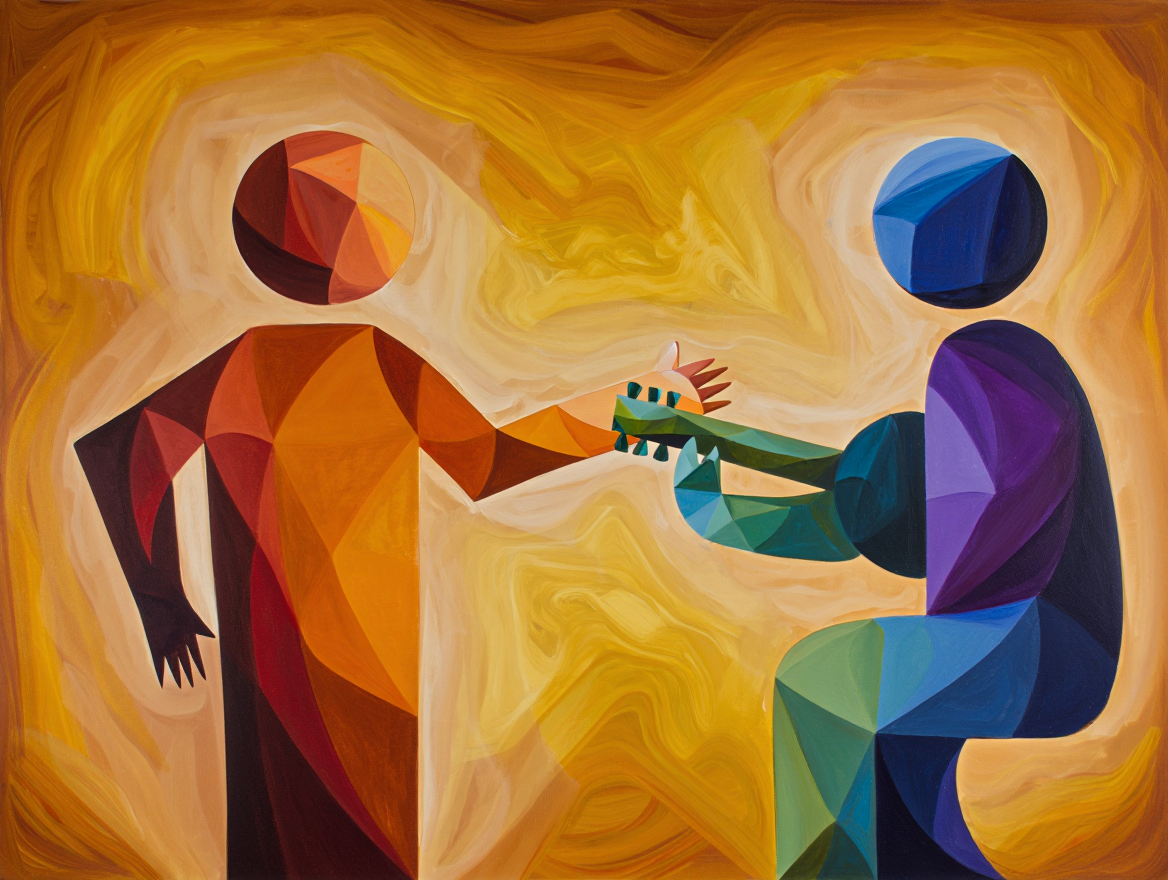 An artistic AI image of a person being taught by a guitar teacher