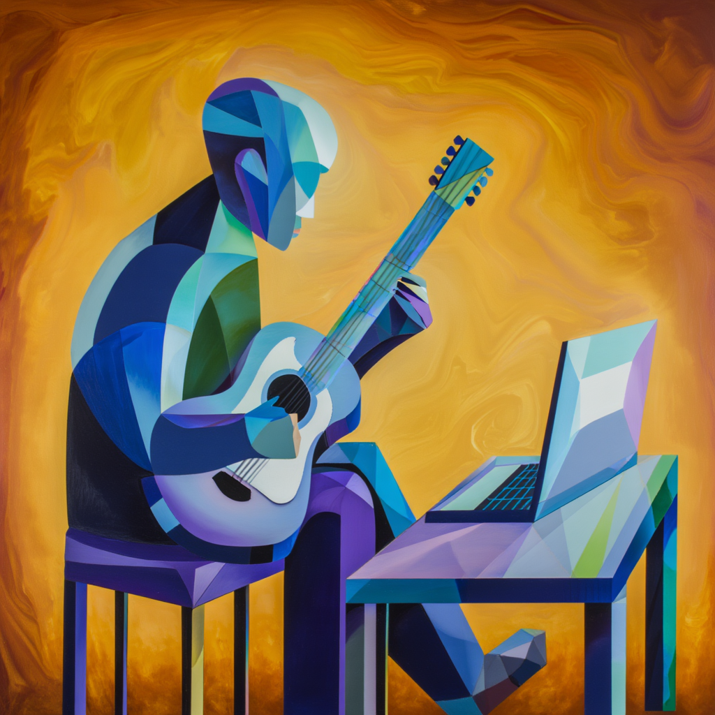 An artistic AI image of a person trying to learn guitar online