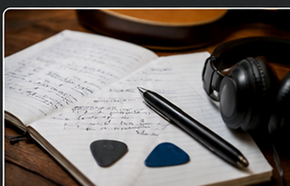 Illustrative guitar practice setup with a notebook, headphones and guitar picks